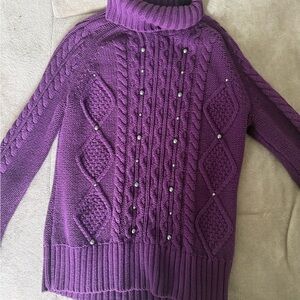 Relativity Purple Cable-Knit Turtleneck Sweater with Pearl Details